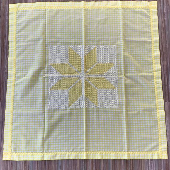 Sunshine Yellow Gingham Check Tablecloth with Hand Embroidered Star 36" Square - Picture 1 of 4